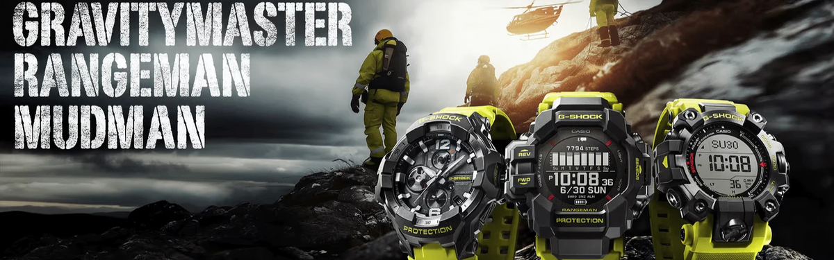 G-SHOCK Rescue Yellow – GRAVITYMASTER, MUDMAN и RANGEMAN